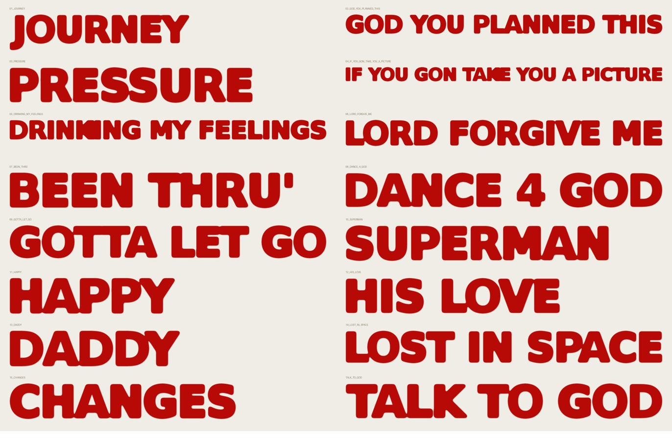 EVOLVE track titles - Journey, God You Planned This, Pressure, If You Gon Take You A Picture, Drinking My Feelings, Lord Forgive Me, Been Thru, Dance 4 God, Gotta Let Go, Superman, Happy, His Love, Daddy, Lost In Space, Changes, Talk To God